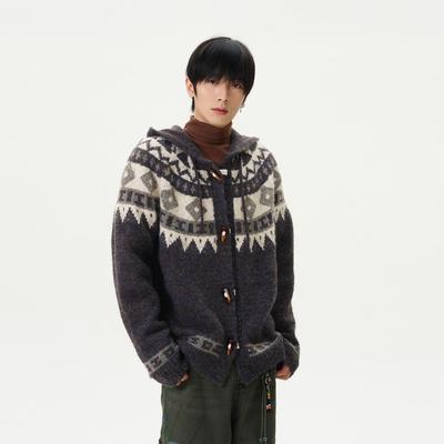 Unisex American Retro Fair Isle Knit Cardigan with Horn Buttons and Hood