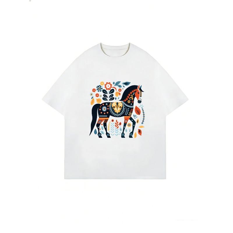 Oversized T Shirt Dress Black Nordic Horse Floral Pattern Print Casual Wear For Women