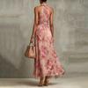 Women Floral Print Halter Neck Chiffon Maxi Dress Sleeveless Waist Pleated Long Dress Summer Vacation Style