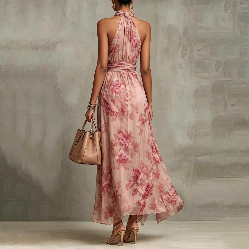Women Floral Print Halter Neck Chiffon Maxi Dress Sleeveless Waist Pleated Long Dress Summer Vacation Style