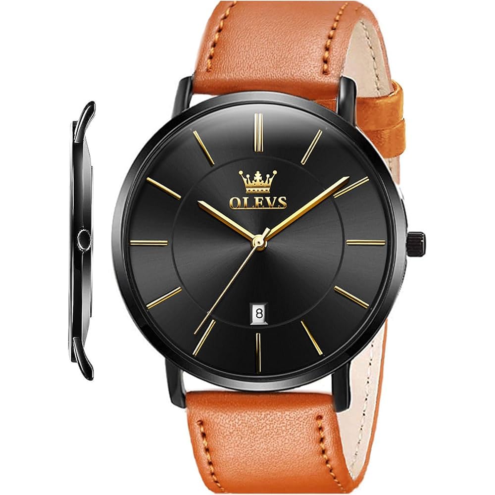 YPF OLEVS Men's Retro Quartz Watch 6.5mm Steel Bezel Leather Band Waterproof Date Dial Black Brown Yellow
