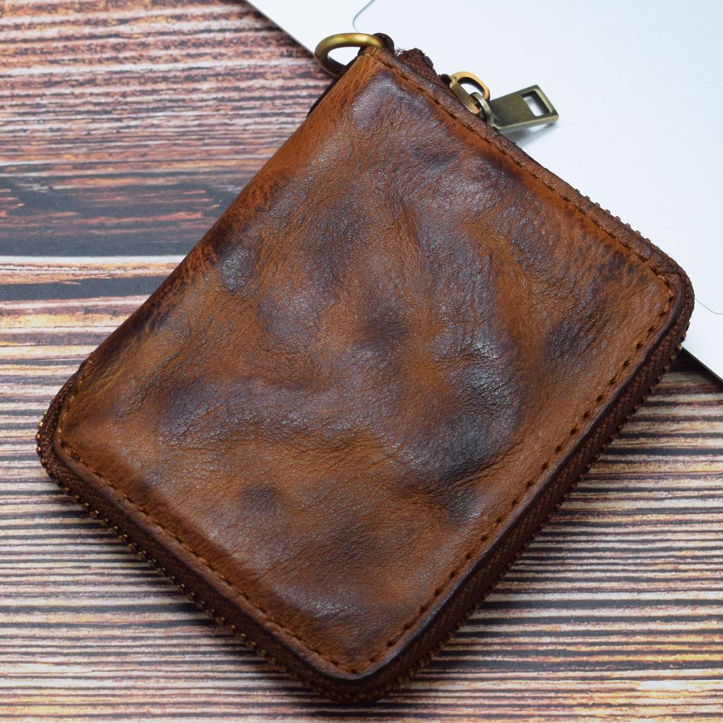 Men's Retro Short Zipper Wallet, Vegetable Tanned Leather Wallet, Vertical Wallet, Trendy