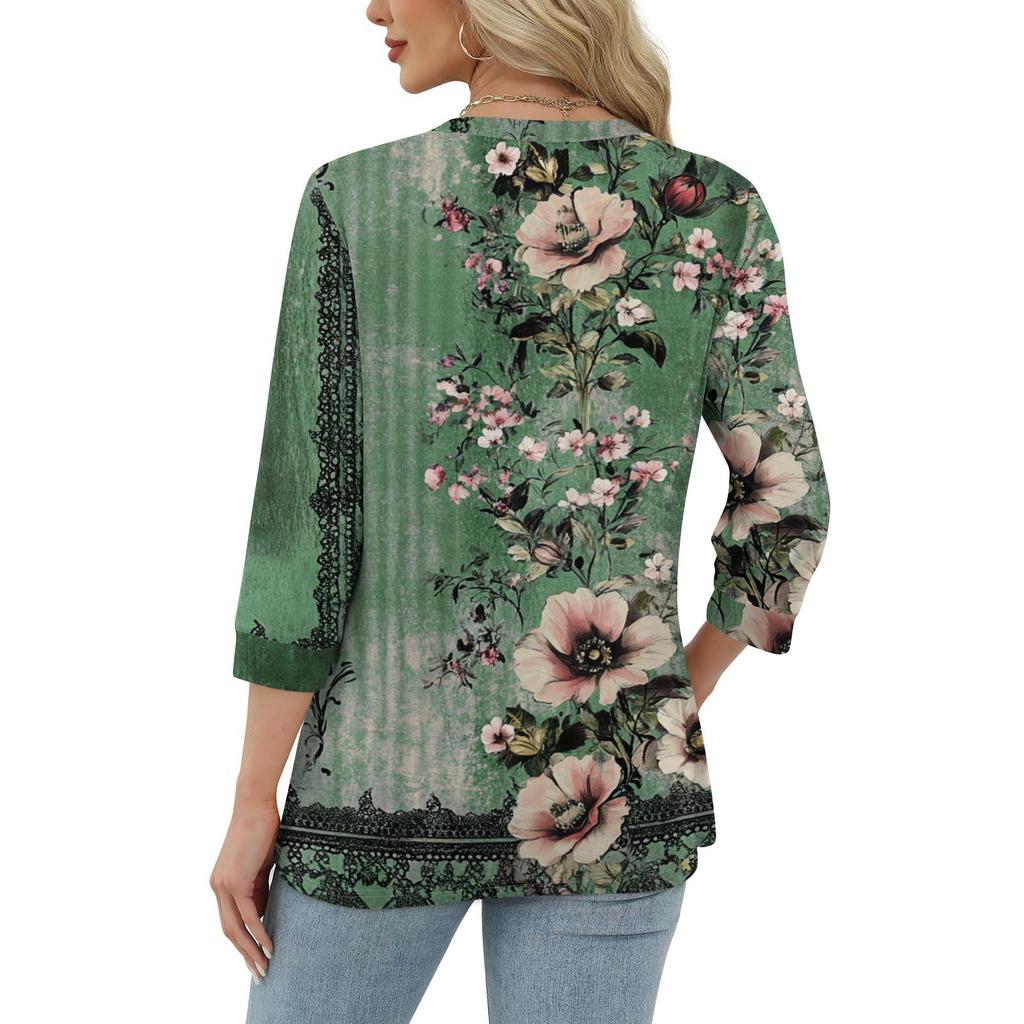 Women's Fashion Casual Round Neck 3/4 Sleeve Loose  Printed T-Shirt Ladies Top