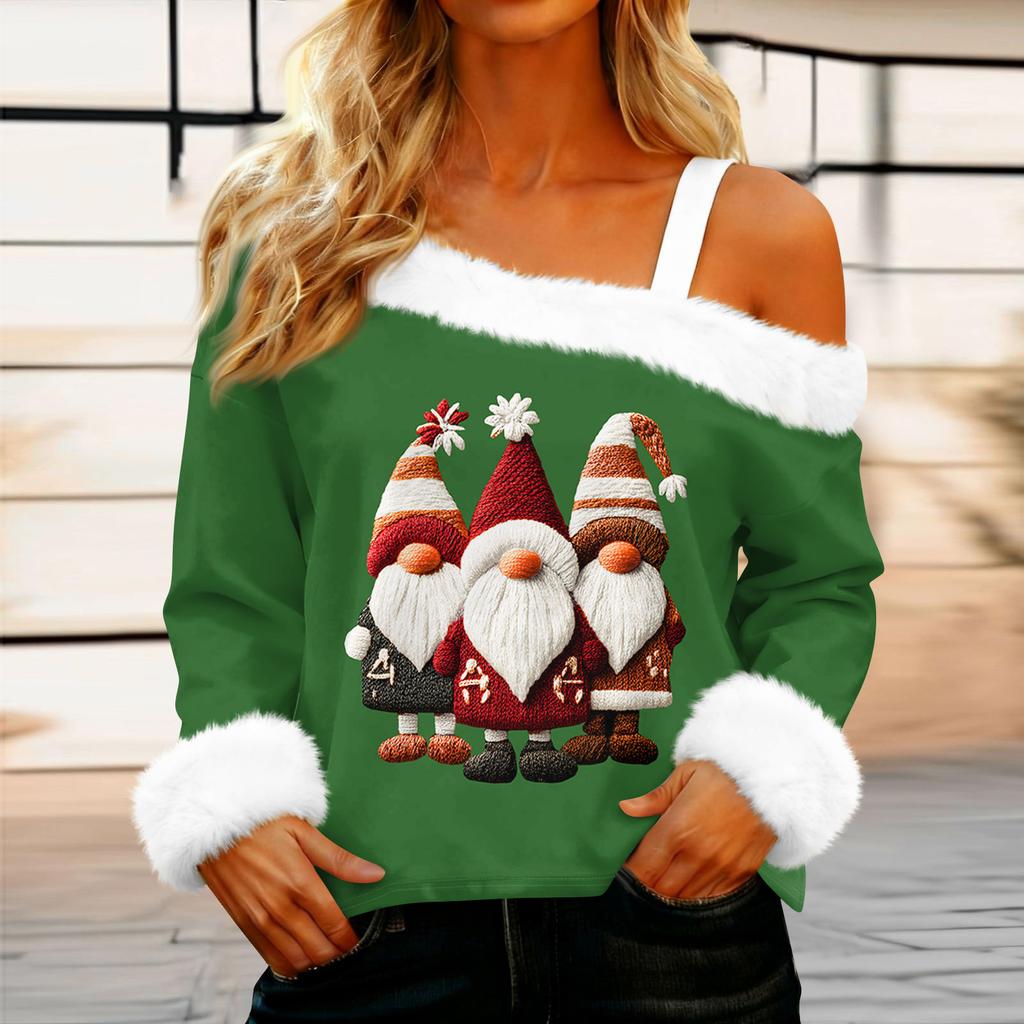 Women's Casual Fashion Sexy Off-Shoulder Collar Christmas Pattern Long Sleeve Crewneck T-Shirt Top
