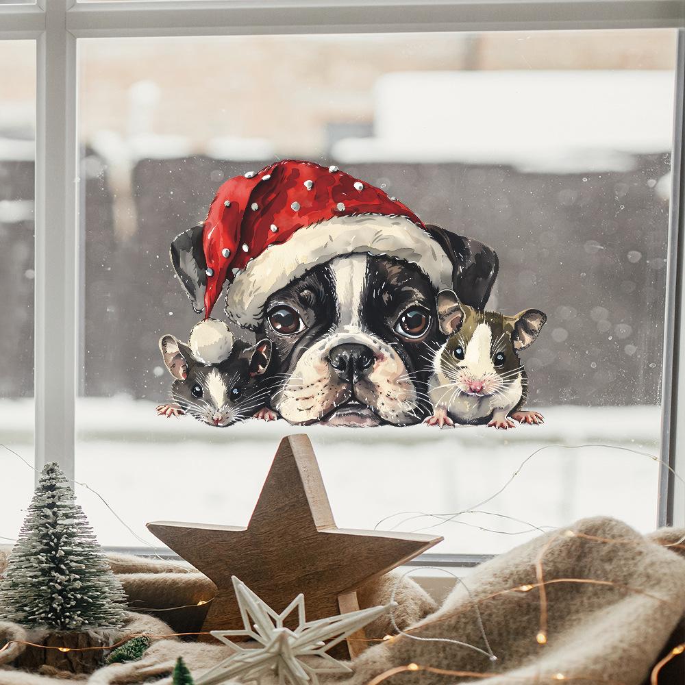 Weihnachts-Welpen und Mäuse, die spähen, Heimdekoration Glasfenster Fensteraufkleber