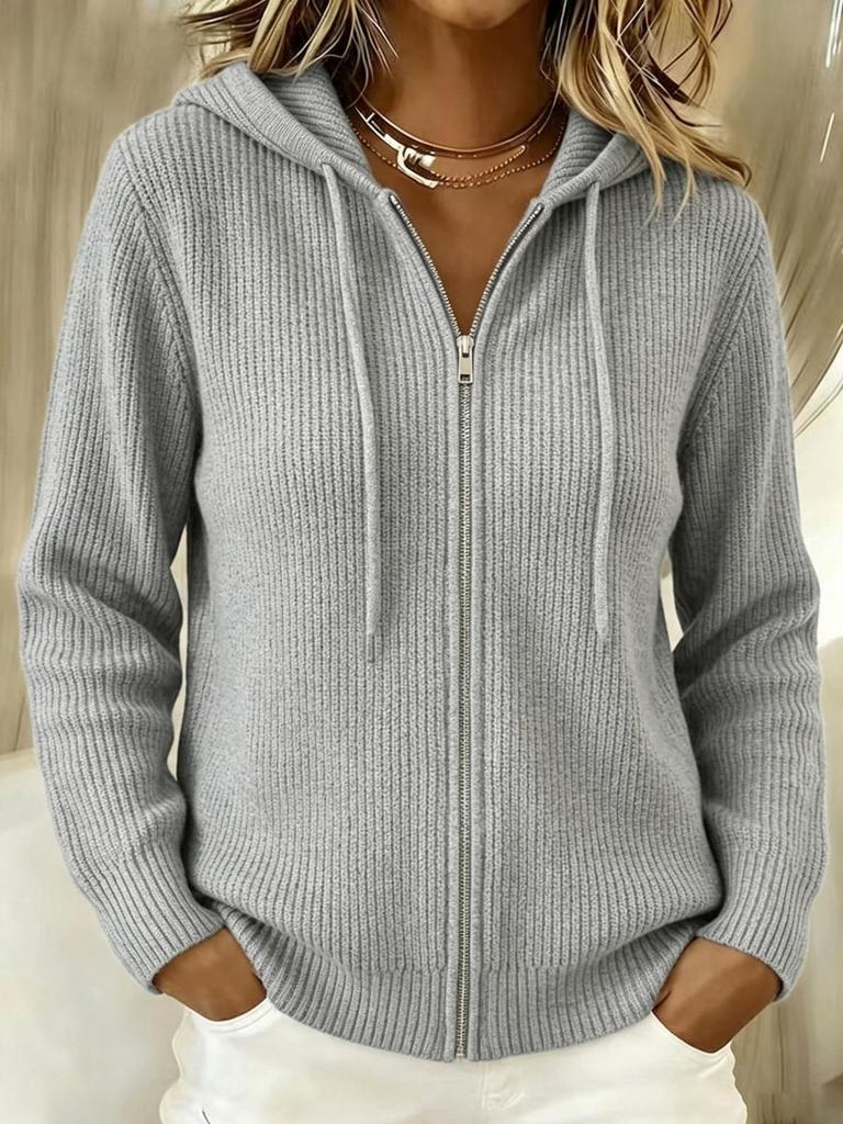 2026 Autumn-Winter Women's Casual Hooded Zipper Knit Cardigan - Loose, Fluffy, Soft Solid Color Sweater Coat