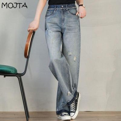 Pantalones vaqueros de talla grande para mujer, pantalones vaqueros holgados de pierna ancha y cintura alta, pantalones rectos con bolsillos para primavera y otoño para mujer