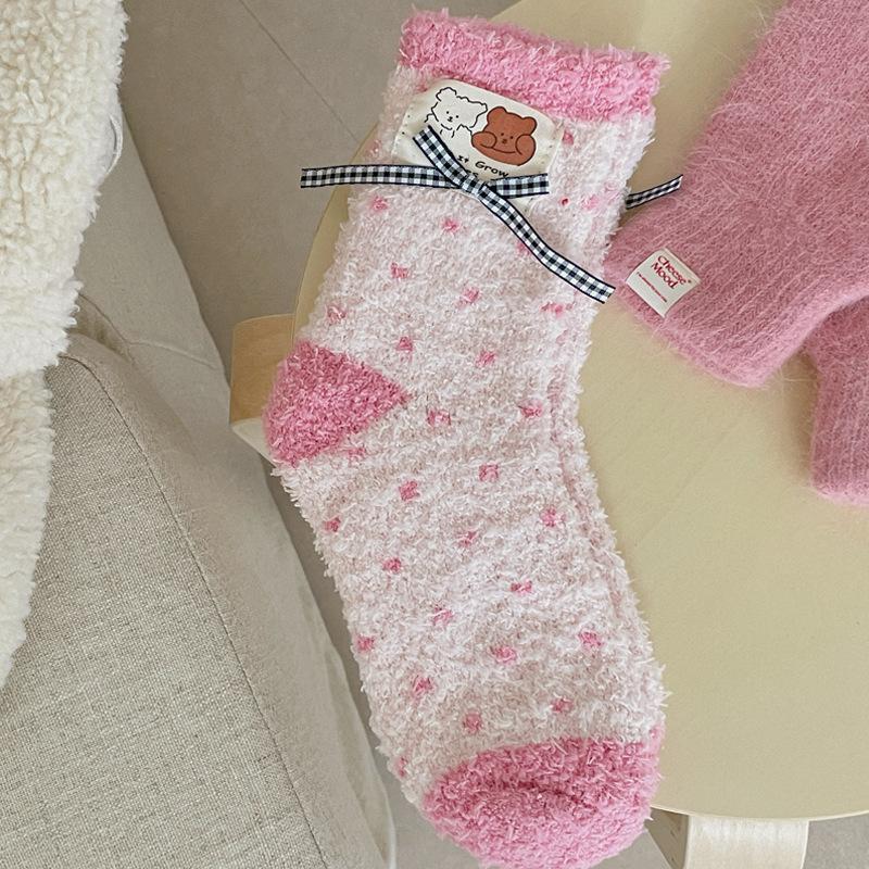 5pair Coral Fleece Socks Women S Cute Bear Bow Home Sleep Socks Japanese Polka Dot Fleece Women S Socks one size