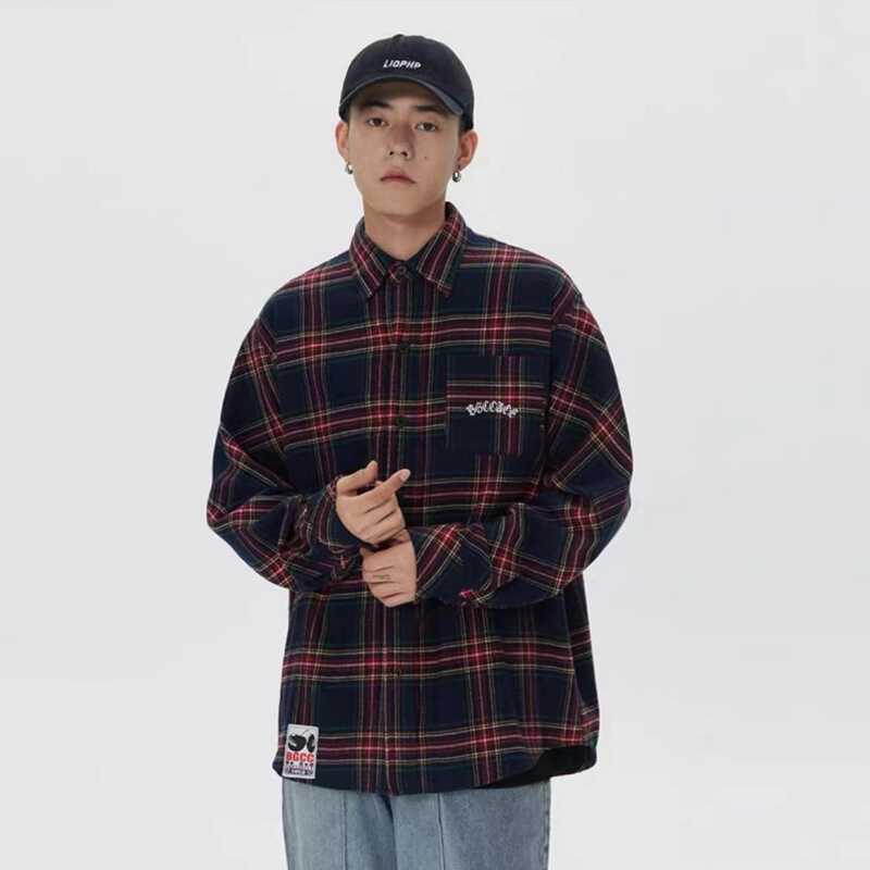 

American Retro Men s Plaid Long Sleeve Shirt - Autumn Trend, Loose Fit, Casual Couple Jacket 3XL червоний