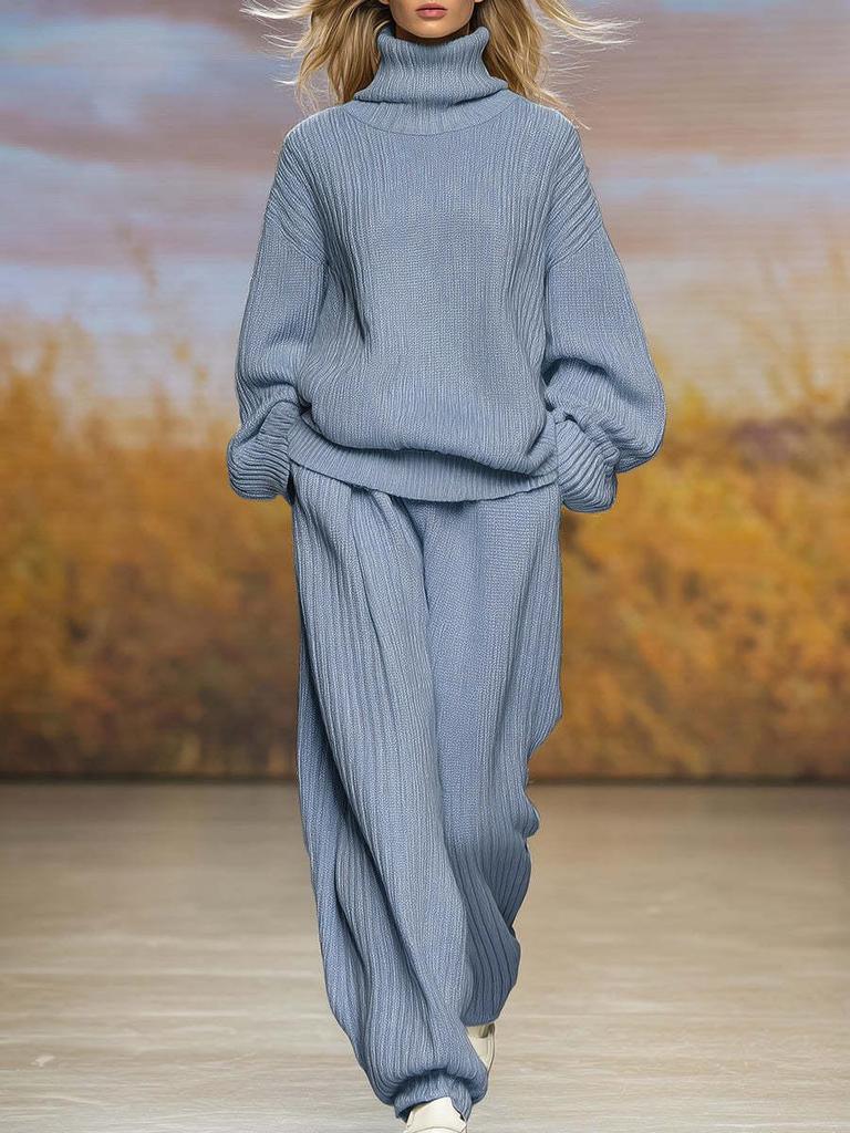 2025 Autumn/Winter Women's Casual Knit Set: High Neck Top & Wide Leg Pants