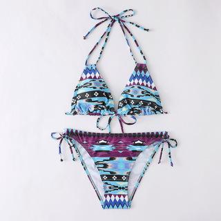 New multi-color printed neck strap halter sexy split bikini swimsuit