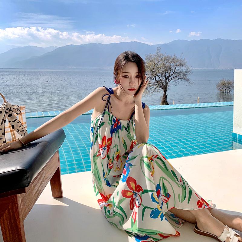 RUGOD Sanya Seaside Resort Beach Dress Women's New Summer Printed Suspender Dress Hainan Tourism Photo Long Dress