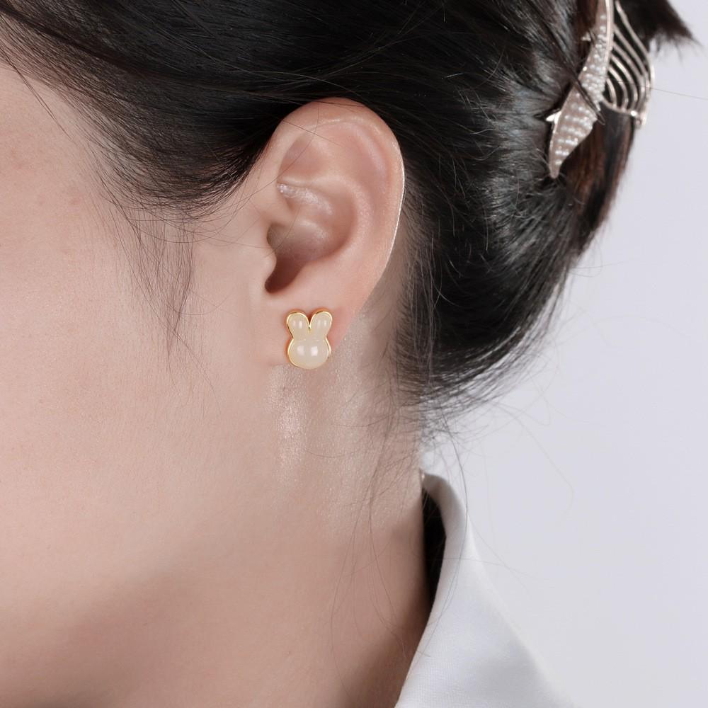 

Sterling Silver 925 Stud Earrings with Natural Hetian Jade in Light Luxury Rabbit Design 925 Silver
