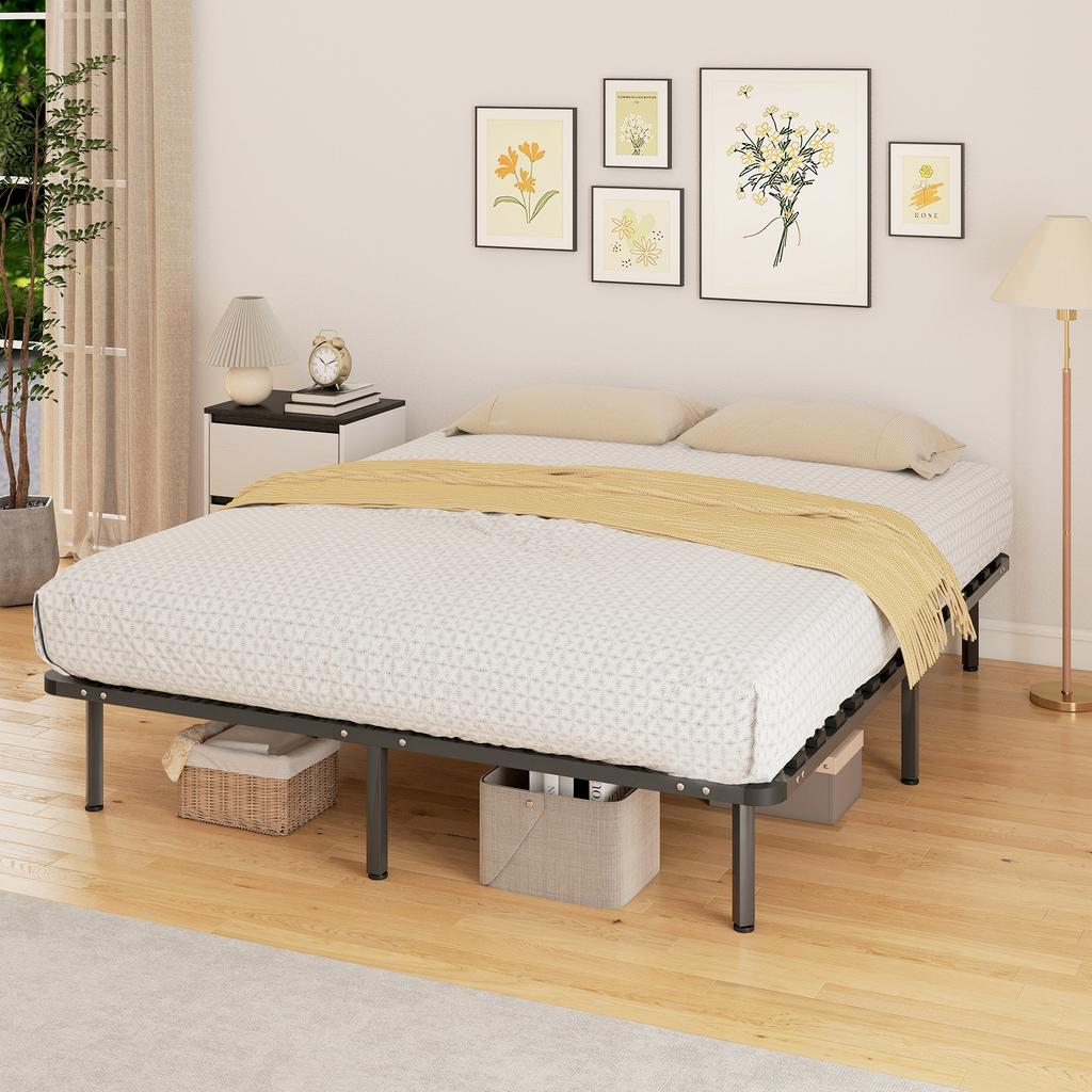 Bed Frame 160 x 190 cm, Double Bed in Solid Wood with Slatted Base and Foot, Storage Underneath, Black