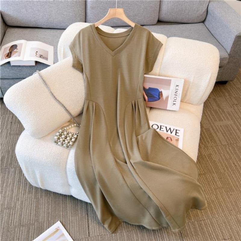[Special shot] Casual temperament V-neck short-sleeved dress summer large size fat mm pear-shaped figure waist display