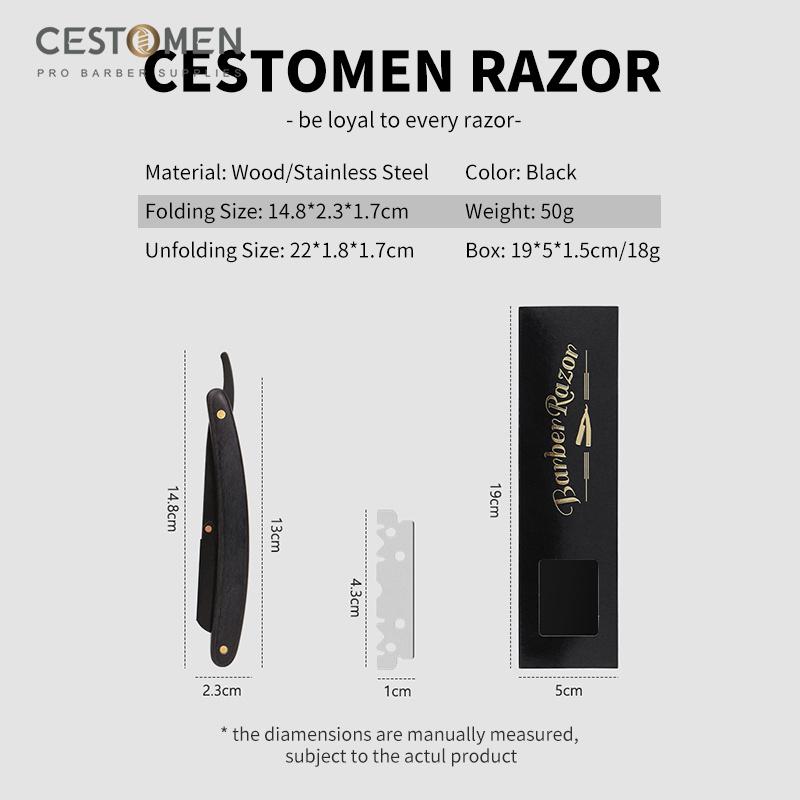 CESTOMEN Herren Rasierer mit gerader Kante, Edelstahl, professioneller Friseurmesserhalter, zusammenklappbar, Holz, manuelles Rasieren, Rasierer, Friseur-Werkzeuge