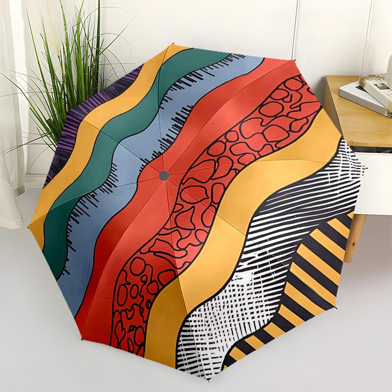 1pc Abstract Waves Adventure Auto Open/close, 8-Rib Iron Frame, Compact Folding Cute Umbrella All-Season Portable Umbrella for Travel 045