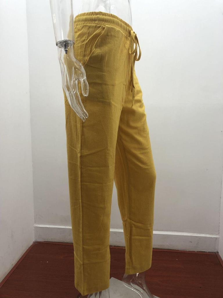 2026 Spring/Summer Women's Solid Color Cotton Linen Drawstring Wide-Leg Casual Pants