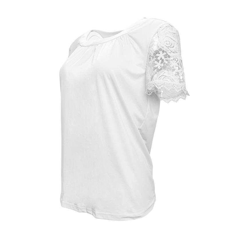 Damenmode Sommer Neu Lässig Rundhals Kurzarm Spitze Plissee T-Shirt Top