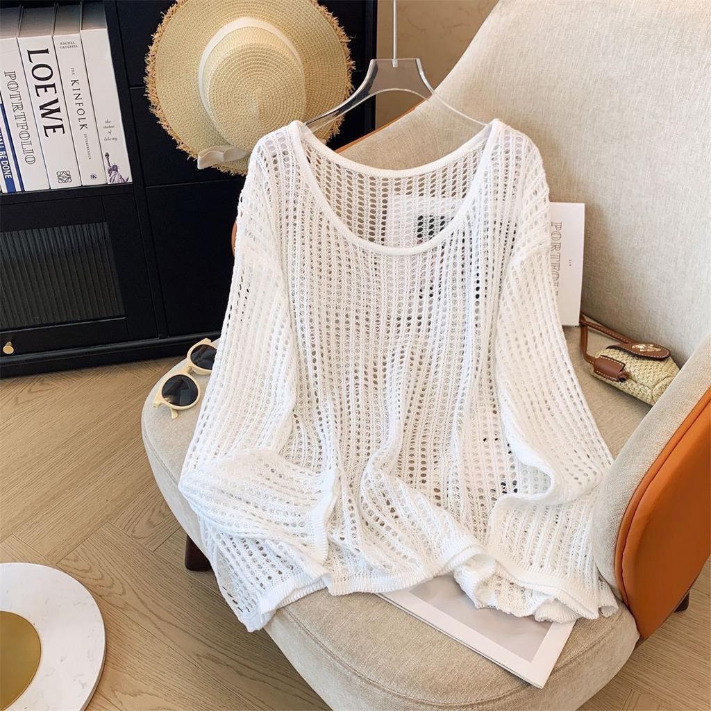 Maglione da donna a collo tondo con trafori e maniche lunghe, tinta unita, pullover primaverile, stile coreano, casual, ampio, effetto snellente
