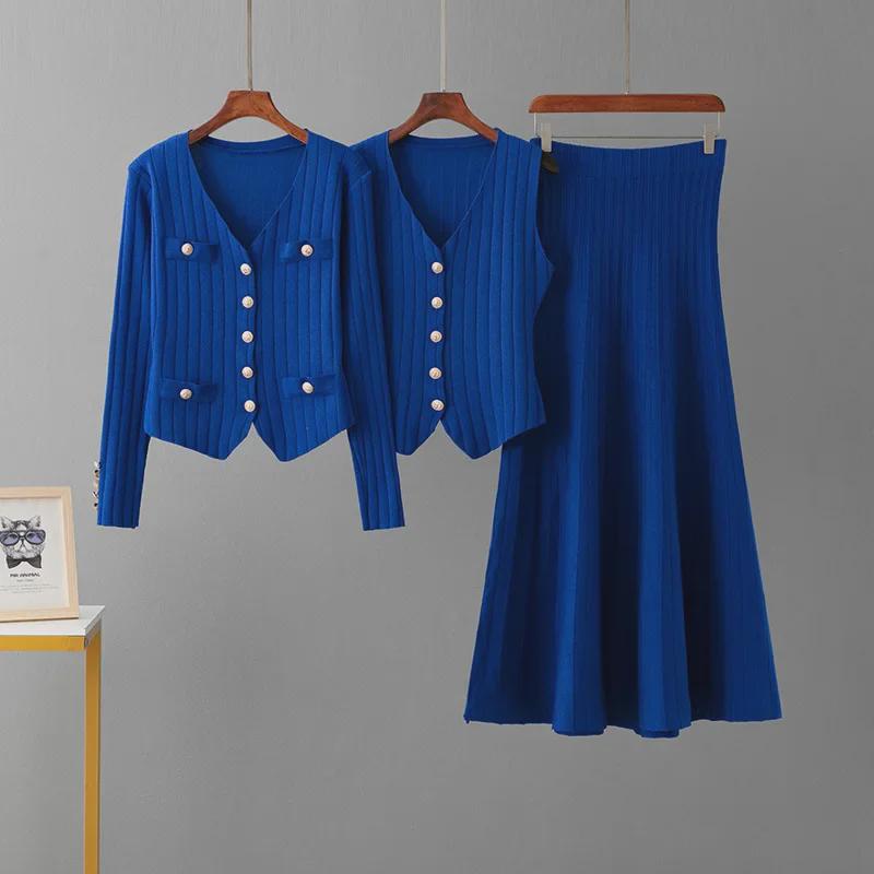 Women's Autumn/Winter Knit Cardigan & Midi Skirt Two-Piece Set – Casual Fashion Rib-Knit Outfit