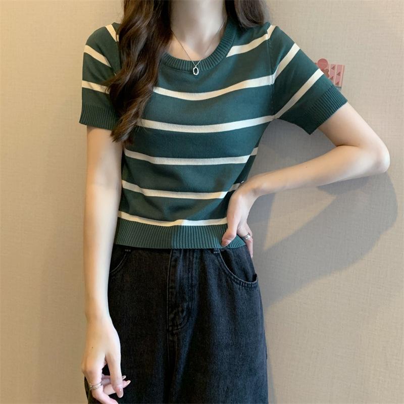

Тонкая и узкая ретро-полосатая трикотажная футболка с круглым вырезом и короткими рукавами, летние топы для женщин, повседневные, удобные и стильные, облегающие свитера, футболки One Size зелёный