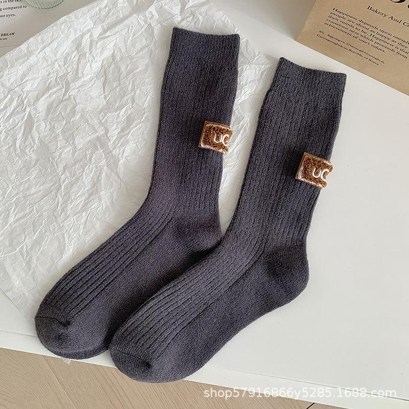 

Зимние толстые теплые носки с подкладкой, однотонные носки до середины икры, женские повседневные носки с вышитым логотипом, махровые носки для холодной погоды 1Pair серый