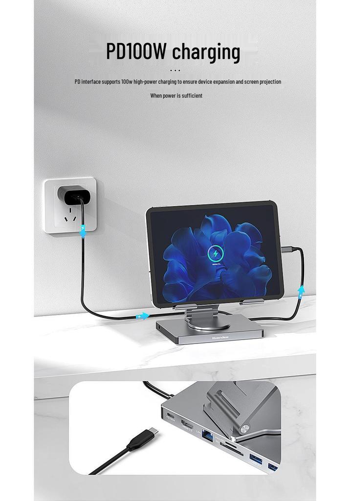 BlueShuo 4K Tablet Docking Station with USB 3.0, Ethernet, Type-C, Audio Splitter, and PD Charging.
