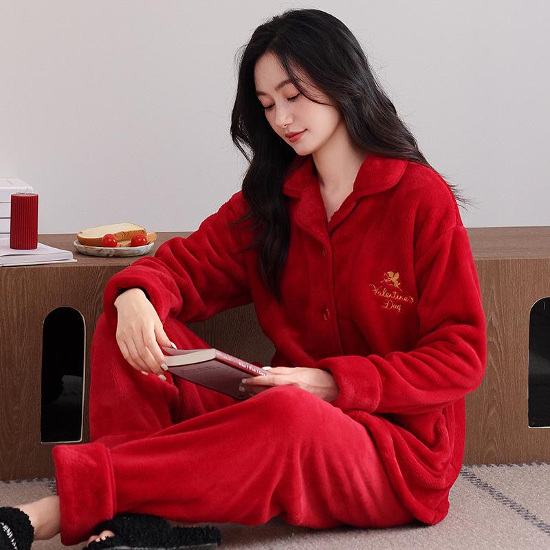 Flannel couple pajamas winter fleece thickened coral fleece men's and women's autumn and winter large size high-end loungewear set