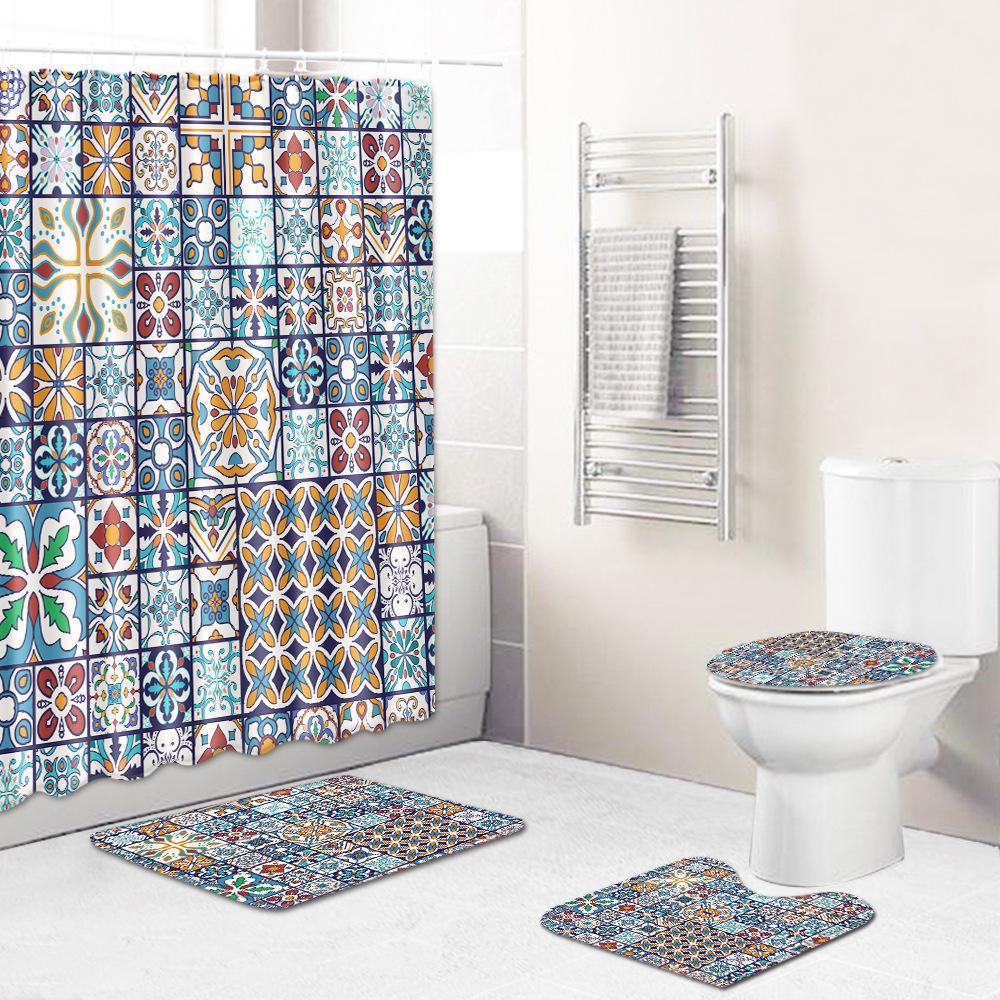 Ethnic Style Texture Printing Bathroom Non-Slip Floor Mat Shower Curtain Combination Carpet European And American Style