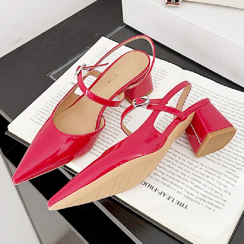 Fashion High Quality Patent Leather Buckle Women Sandals Pointed Toe Back Strap Slide Sandals Fashion Comfort hoof heels Designer Shoes