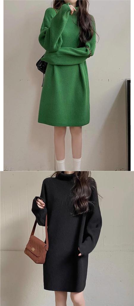 Korean Style High Neck Loose Sweater Dress - Petite Medium Length, Autumn/Winter