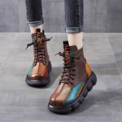 Pantofi de Toamnă Culoare Mixtă Femei Cizmă Modă Vârf Rotund cu Șireturi Retro Handmade Casual cu Platformă Cizme Glezna Dama Cizme Scurte