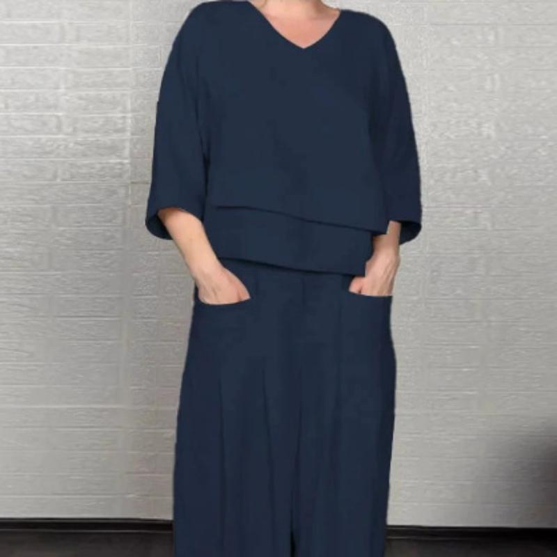Women's V-Neck 3/4 Sleeve Top with Wide Leg Pants Set, Casual Loose Fit Outfit, Pocket Details