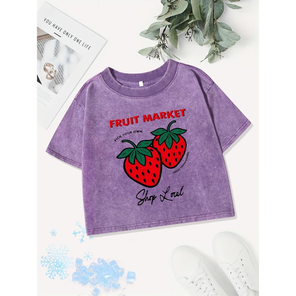 Sexy Cotton Crop Tops Womens Fruit Strawberry Printing Washed T-Shirts O-Neck Regular Fit Streetwear Y2K Womans Clothes
