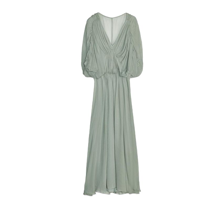 

Summer Women s Asymmetric Hem Cape Sleeves Pleated V-neck Elegant Long Dress 2954285 Lake Green M