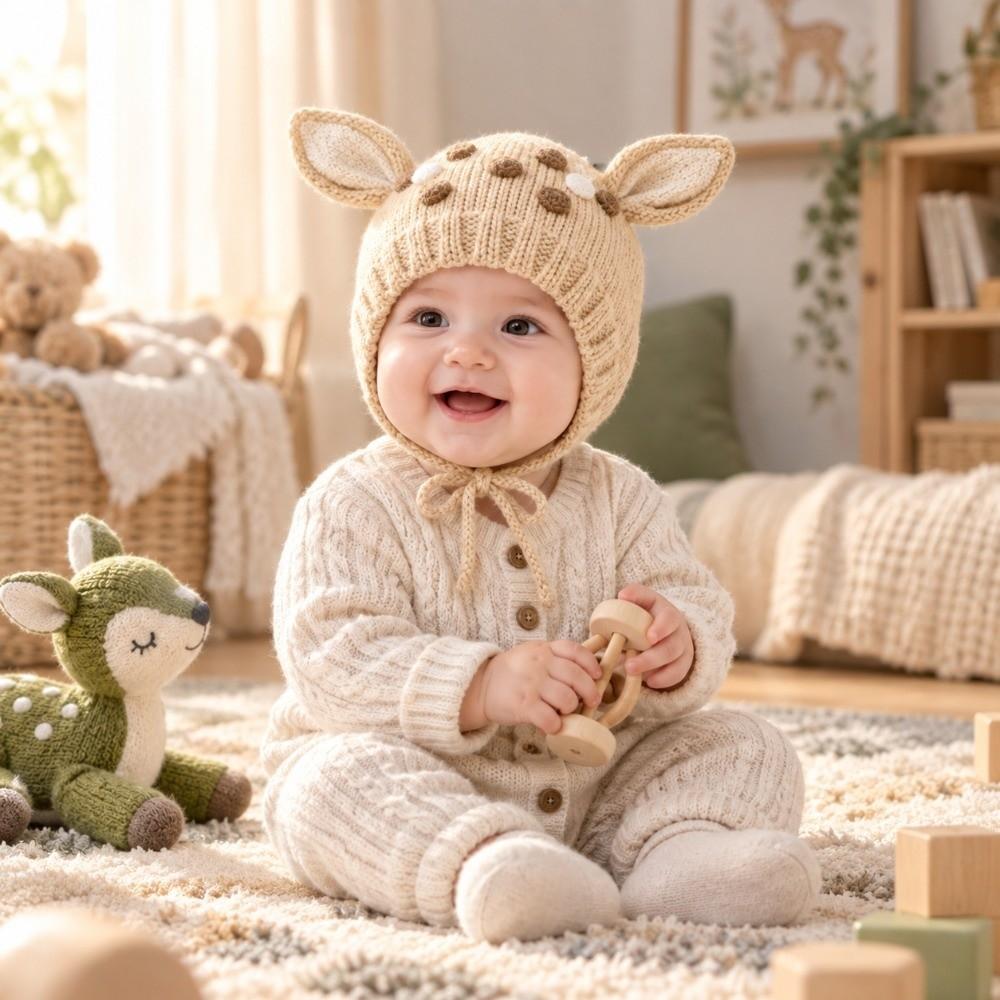 Plush Infant Knitted Hat Cartoon Deer Knitted Cap Cute Baby Beanie Cap Boy and Girls