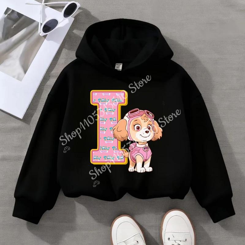 Child Black Long- Sleeve Hoodie Girls Skye Polyester Top Cartoon Letter A-Z Printed Pullover Children Birthday Gifts