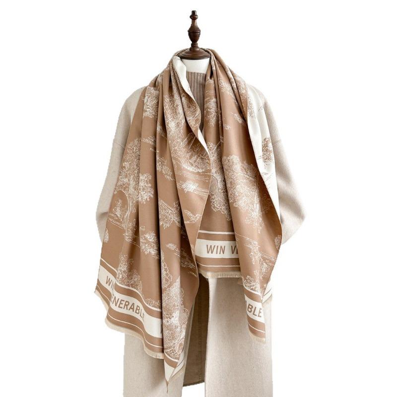Landscape painting imitation cashmere scarf women's high-end office air-conditioned room thickened warm long trendy scarf