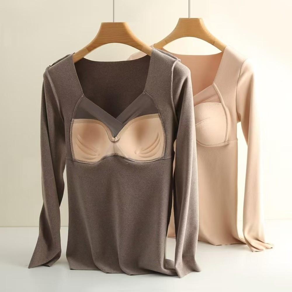 V Mesh Neck Women Thermal Clothes Solid Color Velvet Fleece Thermal Underwear Feel Heating Lingerie Warmth Long Tops Undershirt