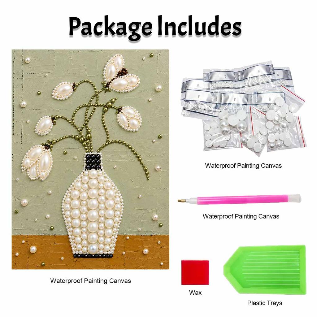 DIY Stretched Canvas Pearl Art Kit Flower Vase Floral Design 5D Sparkling Bead Painting Relaxing Hobby Gift for Home Decoration