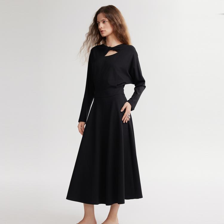 ELLE French Design Minimalist Solid Color Dress With Hollow Long Sleeve Midi Dress Women dresses Black EL48992