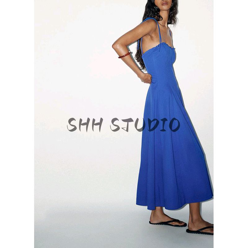 Summer New Product Women's Clothes French Laminated Decoration V Neck Bowknot Decoration Poplin Midi Skirt Dress 3152317