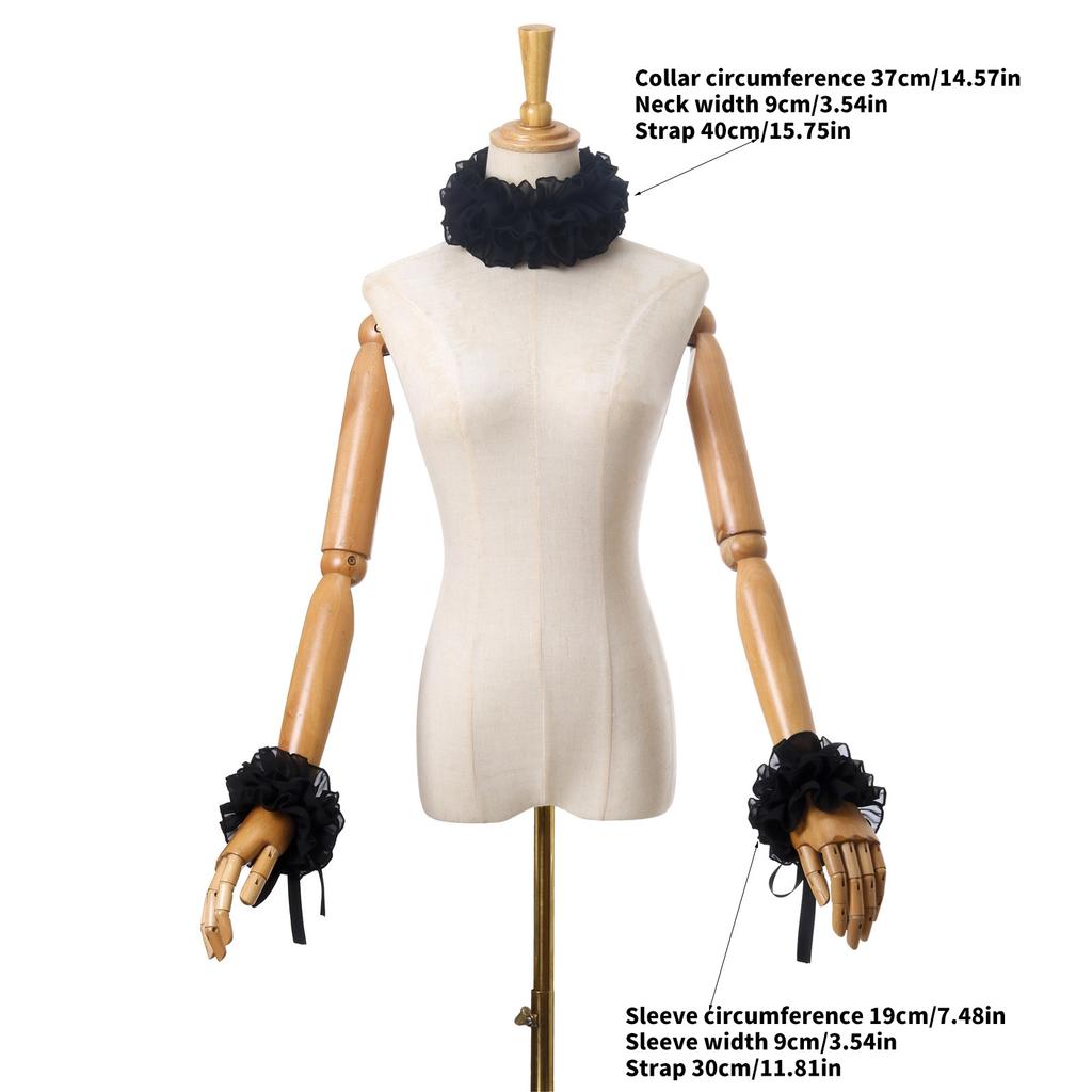 Elisabethanische Rüschen Falscher Kragen Viktorianisch Schwarz Halskrause Choker und Handgelenkstulpen Set für Halloween Kostümzubehör