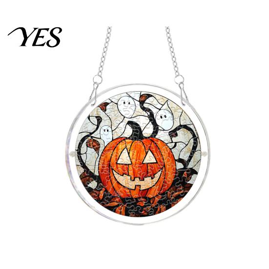 UV Printed Suncatcher Halloween Scary Bat Pumpkin Acrylic Jigsaw Puzzle Suncatcher, Stained Glass Style Unique Sun Catcher Gift Window Hanging