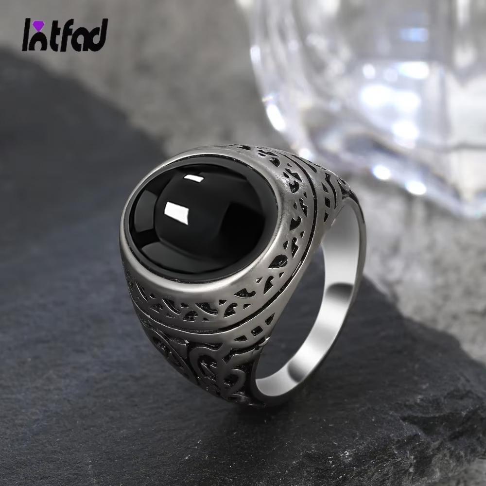 Rings Silver Men's Vintage 925 Sterling Silver with Oval Natural Balck Onyx Stone 10*14MM Large Stone Rings Fine Jewelry for Men
