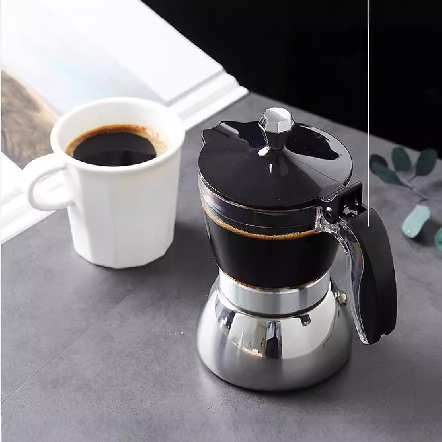 200ML/300ML Portable Transparent Visible Mocha Pot Household Brewing Coffee Pot Stainless Steel Espresso Maker