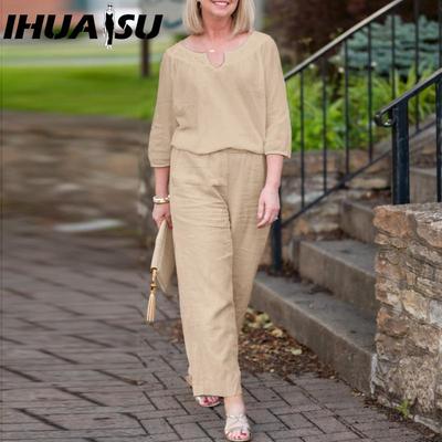 Plus Size Women Casual Button Mid Sleeve Pocket Solid Colour Cotton V-Neck Top Pants Set