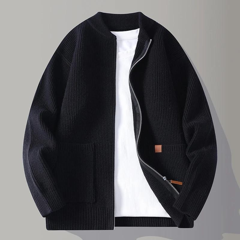 Autumn Winter Youthful Vitality Knit Sweatercoat Men Stand Collar Loose Casual Knitted Cardigan Mens Chic Casual Sweater Jackets