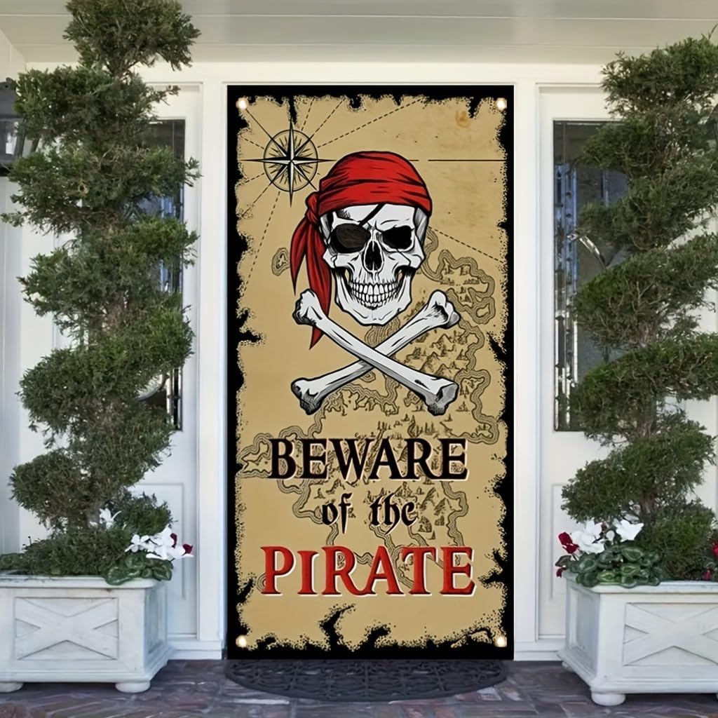 Pirate Door Cover Banner Beware of the Pirate 71x35 Inch Party Door Sign for Front Door Skull Map Design Door Cover for Halloween Theme Party Outdoor